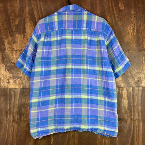 Scott Barber Mens Shirt Blue Plaid 100% Linen Short Sleeve Button Down Large - Picture 9 of 11
